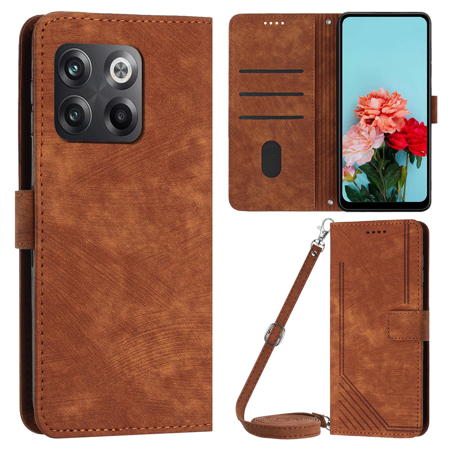 For OnePlus Ace Pro 5G / 10T 5G Wallet Phone Stand Case Lines Imprinted PU Leather Cover with Straps
