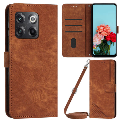 For OnePlus Ace Pro 5G / 10T 5G Wallet Phone Stand Case Lines Imprinted PU Leather Cover with Straps