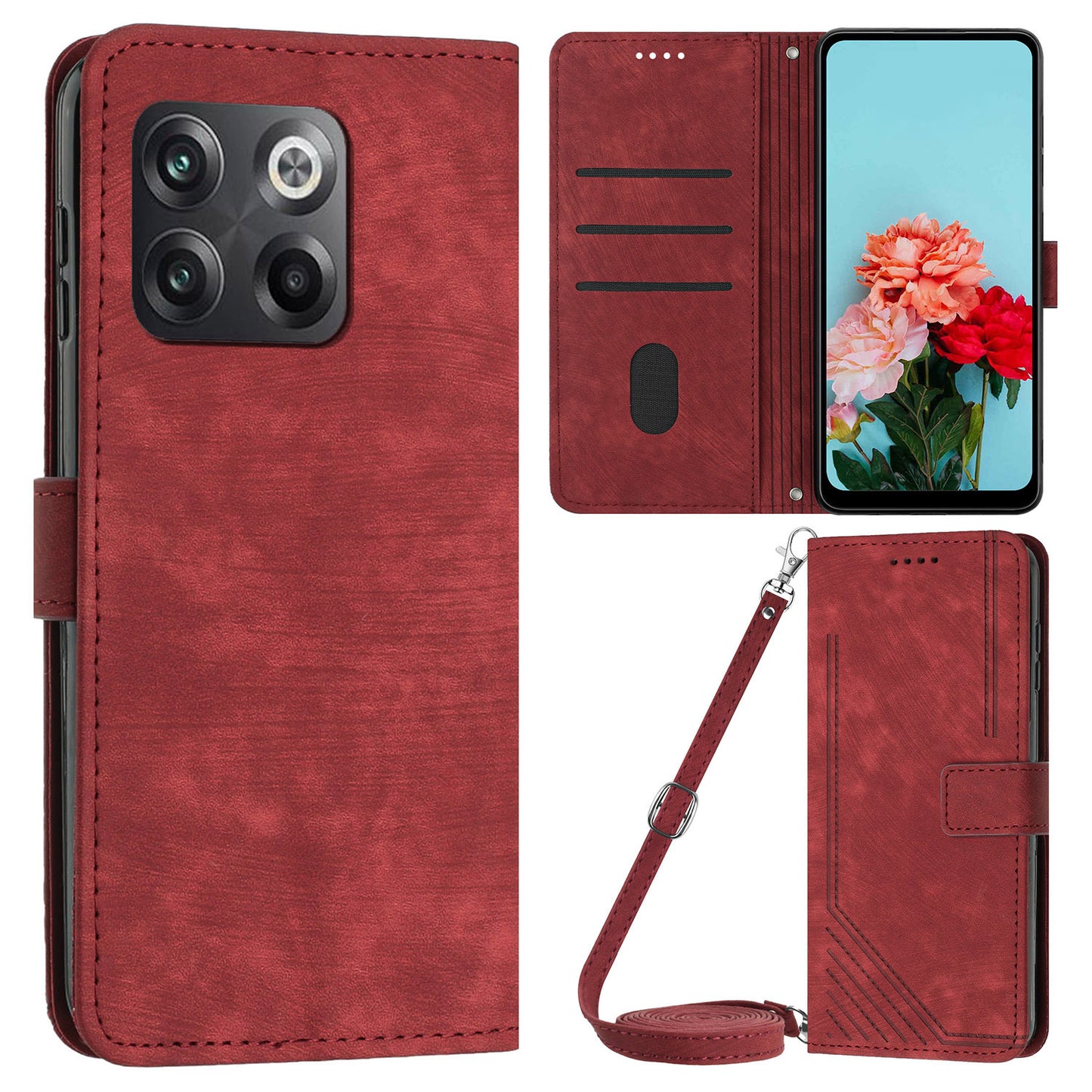 For OnePlus Ace Pro 5G / 10T 5G Wallet Phone Stand Case Lines Imprinted PU Leather Cover with Straps