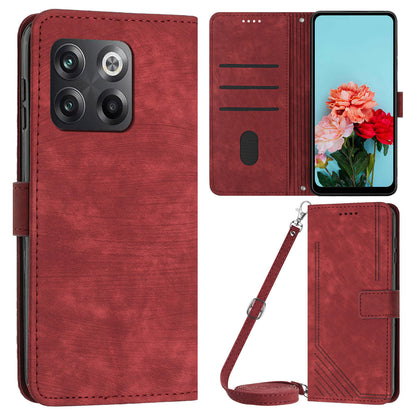 For OnePlus Ace Pro 5G / 10T 5G Wallet Phone Stand Case Lines Imprinted PU Leather Cover with Straps