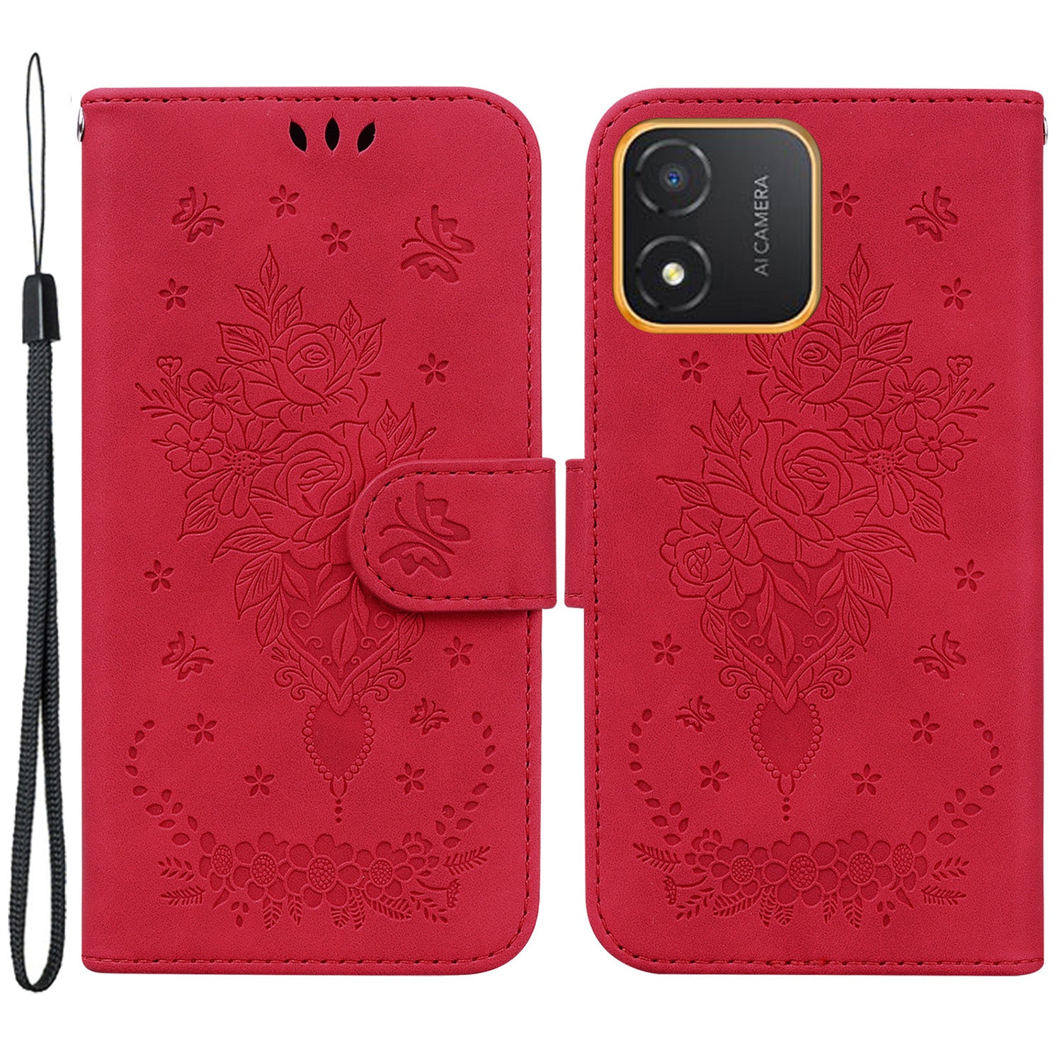 For Honor X5 4G TPU+PU Leather Phone Shell Rose Butterfly Imprinted Stand Wallet Phone Stand Case