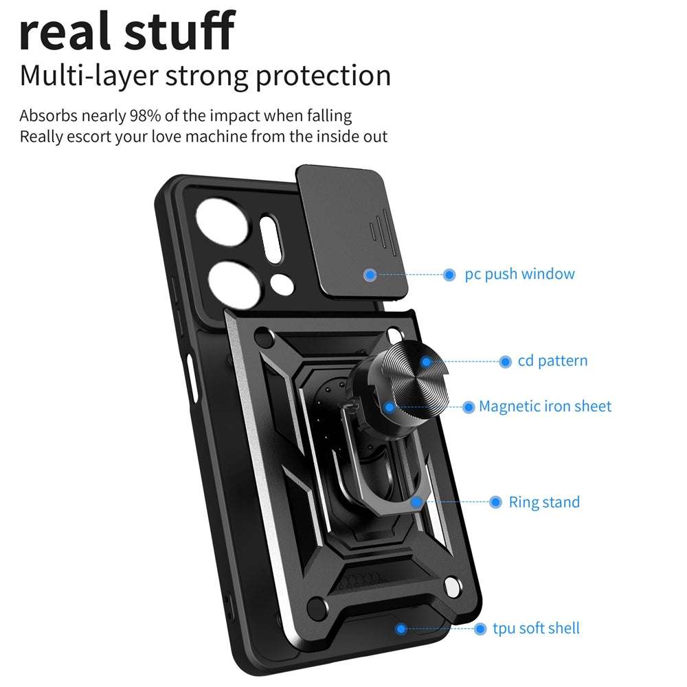 For Honor X7a 5G Kickstand Phone Case PC+TPU Phone Cover with Slide Camera Lens Protection