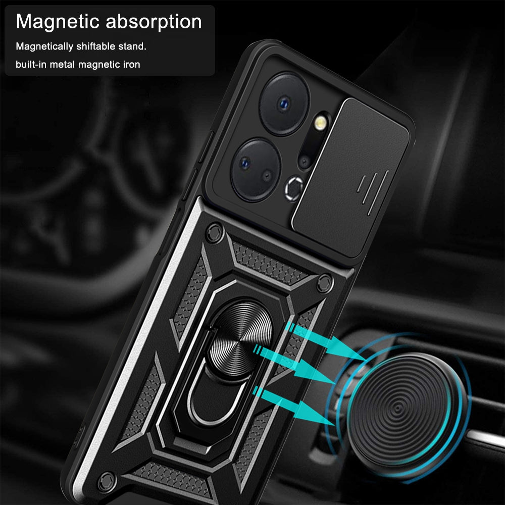 For Honor X7a 5G Kickstand Phone Case PC+TPU Phone Cover with Slide Camera Lens Protection