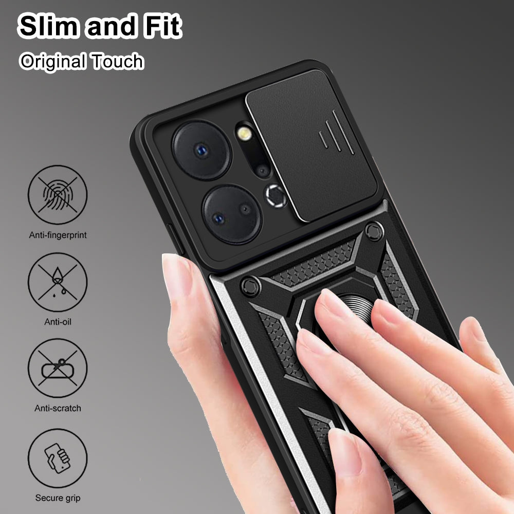 For Honor X7a 5G Kickstand Phone Case PC+TPU Phone Cover with Slide Camera Lens Protection