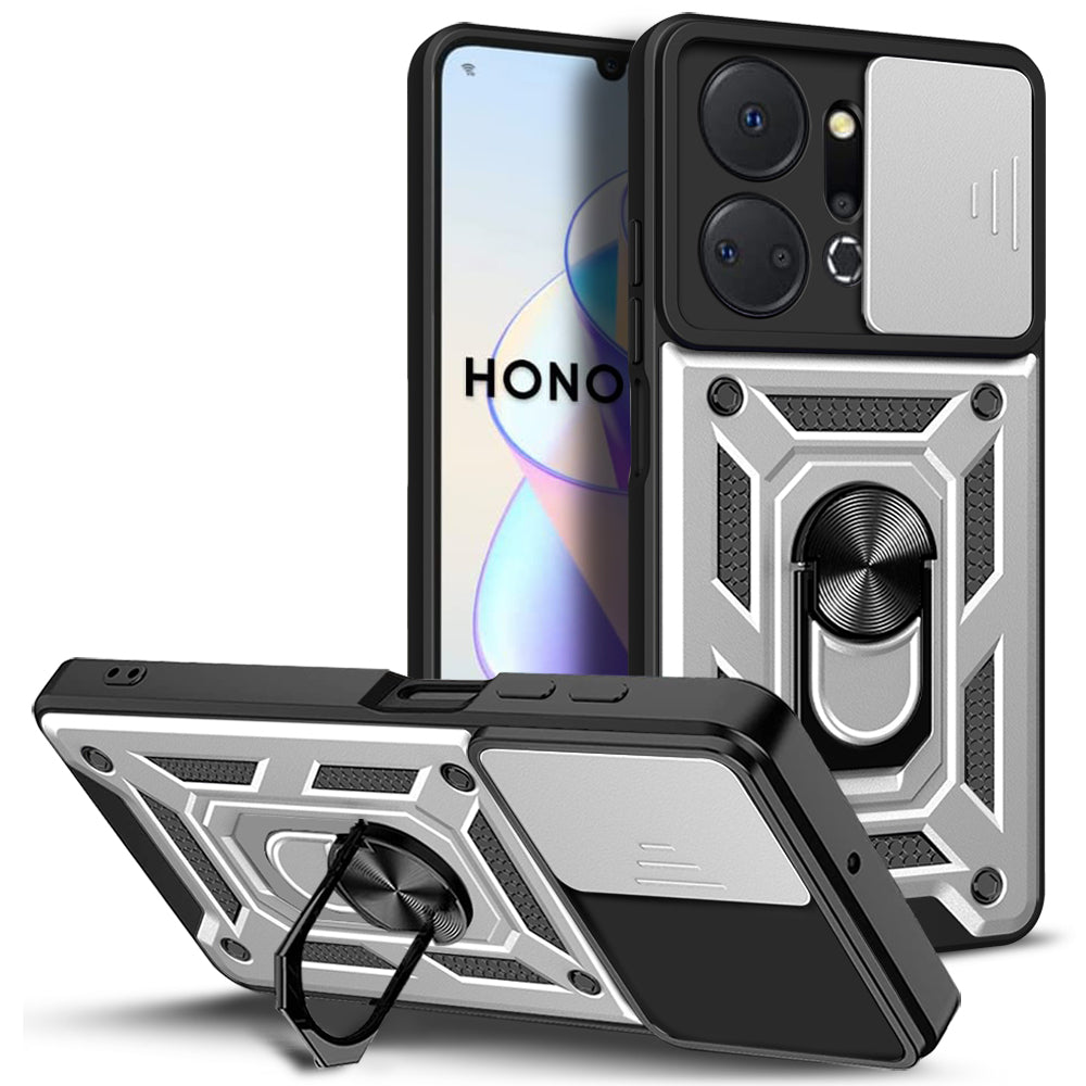 For Honor X7a 5G Kickstand Phone Case PC+TPU Phone Cover with Slide Camera Lens Protection