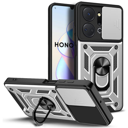 For Honor X7a 5G Kickstand Phone Case PC+TPU Phone Cover with Slide Camera Lens Protection