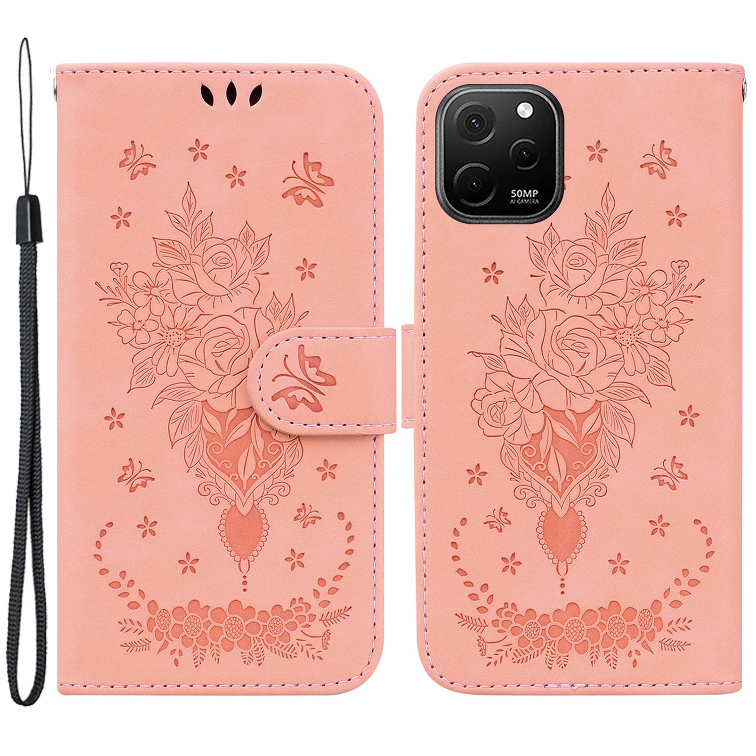 For Huawei nova Y61 4G / Enjoy 50z 4G Wallet Phone Stand Case Imprinted Rose Butterfly Leather Phone Shell Cover