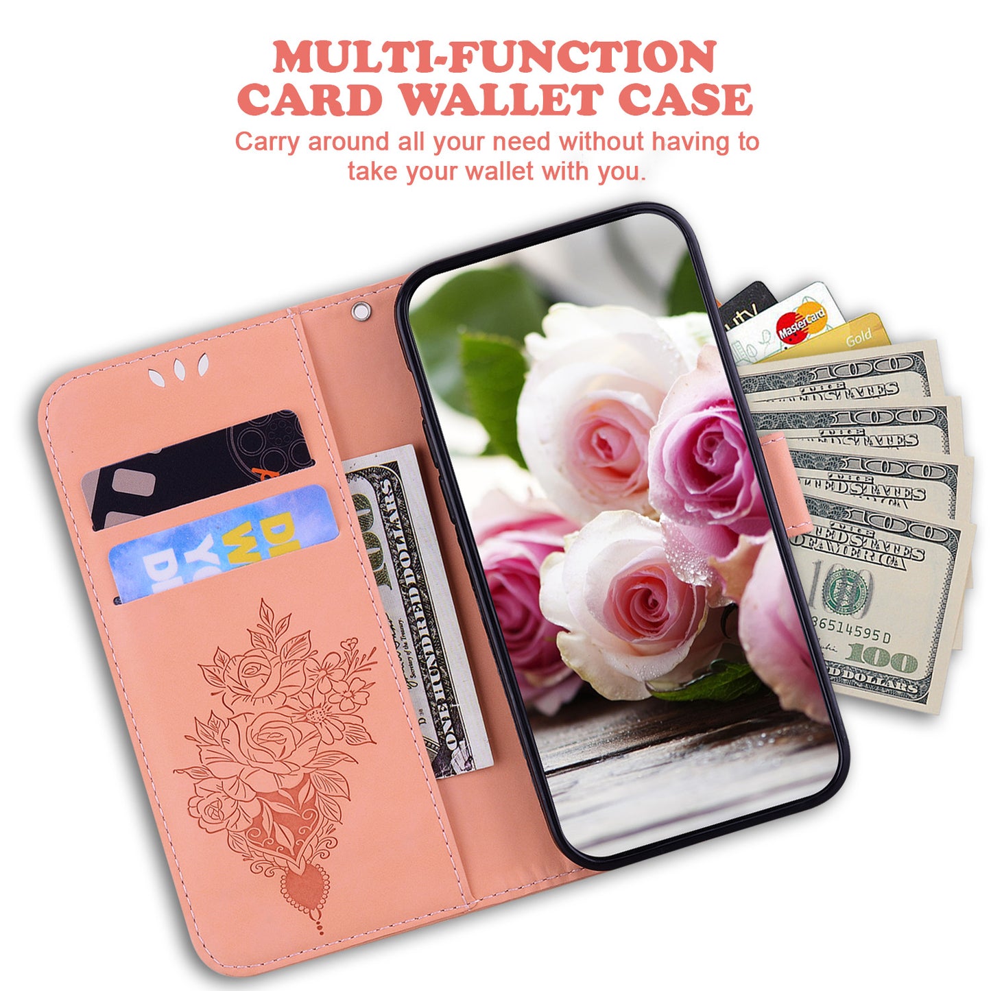 For Huawei nova Y61 4G / Enjoy 50z 4G Wallet Phone Stand Case Imprinted Rose Butterfly Leather Phone Shell Cover