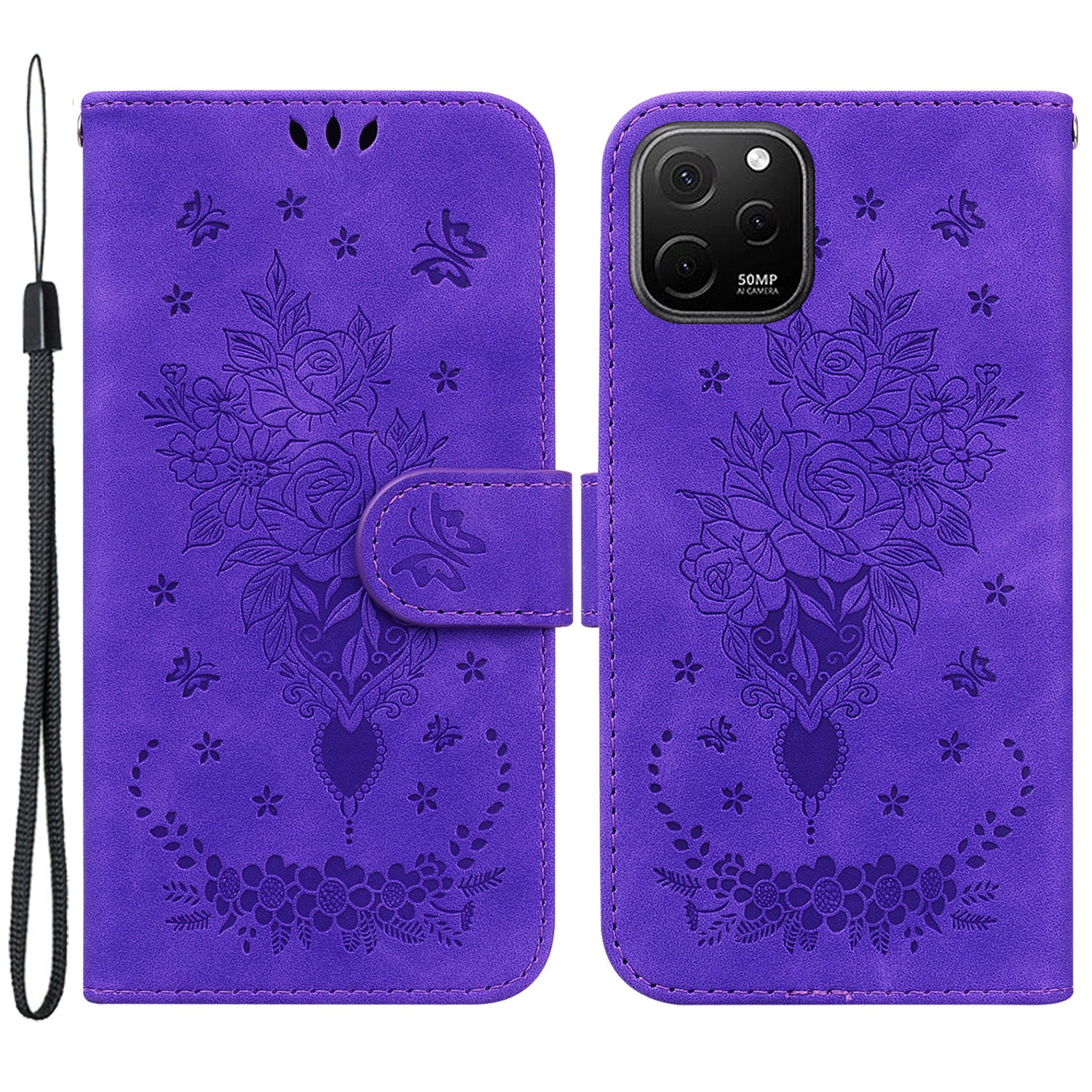 For Huawei nova Y61 4G / Enjoy 50z 4G Wallet Phone Stand Case Imprinted Rose Butterfly Leather Phone Shell Cover