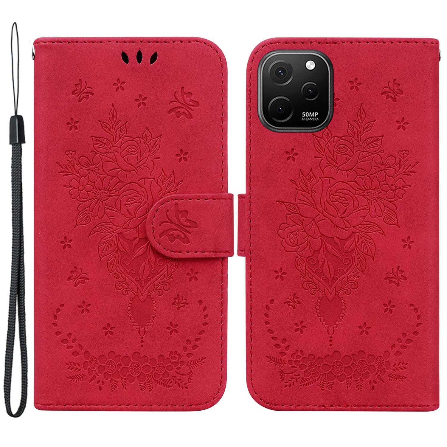 For Huawei nova Y61 4G / Enjoy 50z 4G Wallet Phone Stand Case Imprinted Rose Butterfly Leather Phone Shell Cover