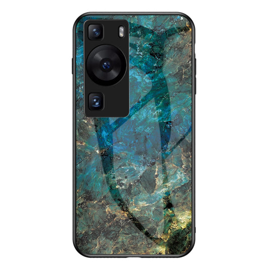 For Huawei P60 / P60 Pro Marble Pattern Phone Cover Tempered Glass+PC+TPU Anti-drop Case
