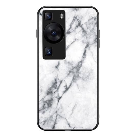 For Huawei P60 / P60 Pro Marble Pattern Phone Cover Tempered Glass+PC+TPU Anti-drop Case