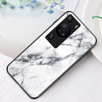 For Huawei P60 / P60 Pro Marble Pattern Phone Cover Tempered Glass+PC+TPU Anti-drop Case