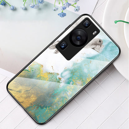 For Huawei P60 / P60 Pro Marble Pattern Phone Cover Tempered Glass+PC+TPU Anti-drop Case