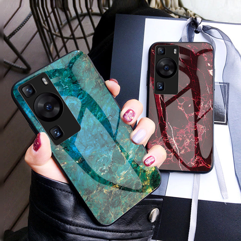 For Huawei P60 / P60 Pro Marble Pattern Phone Cover Tempered Glass+PC+TPU Anti-drop Case