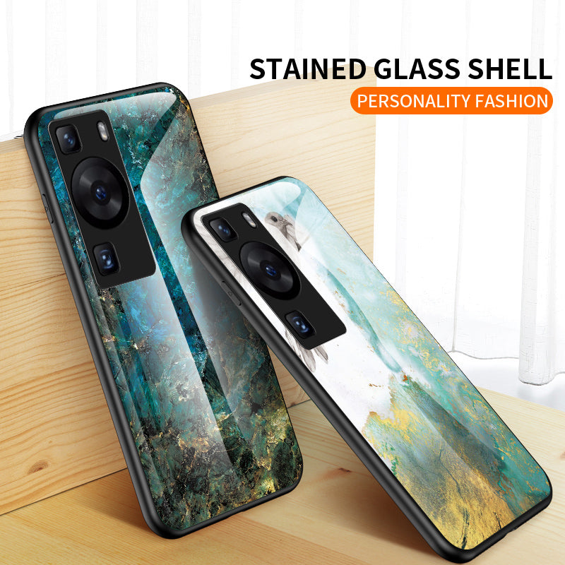 For Huawei P60 / P60 Pro Marble Pattern Phone Cover Tempered Glass+PC+TPU Anti-drop Case