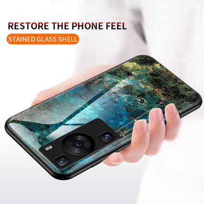 For Huawei P60 / P60 Pro Marble Pattern Phone Cover Tempered Glass+PC+TPU Anti-drop Case