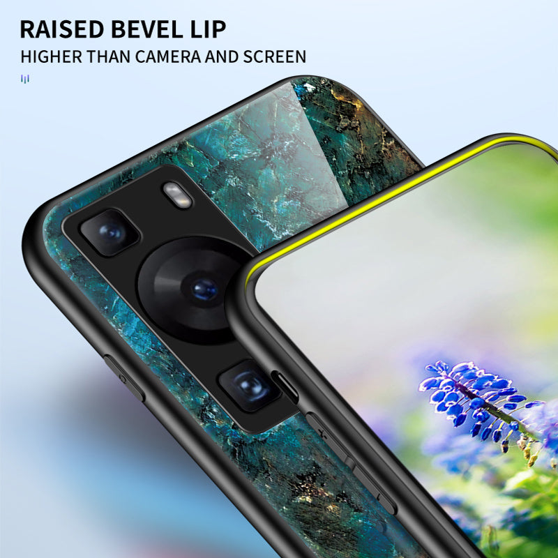 For Huawei P60 / P60 Pro Marble Pattern Phone Cover Tempered Glass+PC+TPU Anti-drop Case