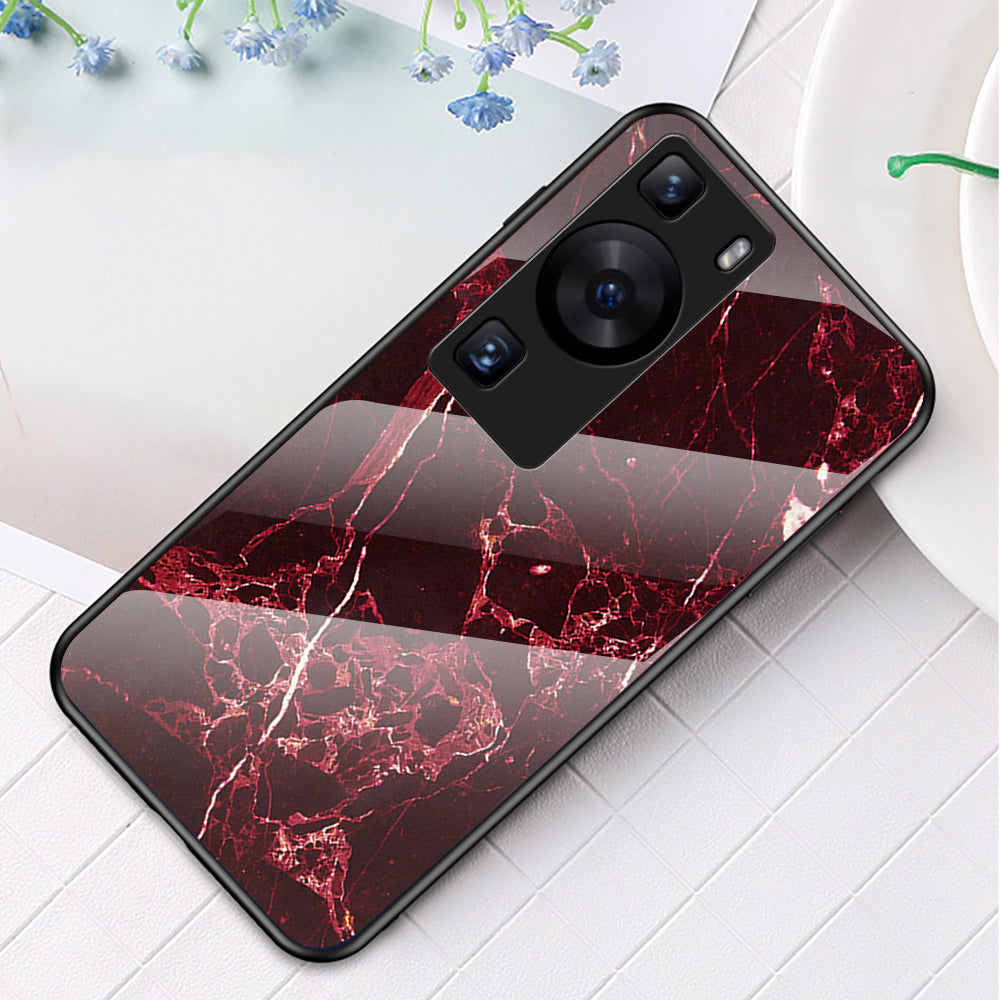 For Huawei P60 / P60 Pro Marble Pattern Phone Cover Tempered Glass+PC+TPU Anti-drop Case
