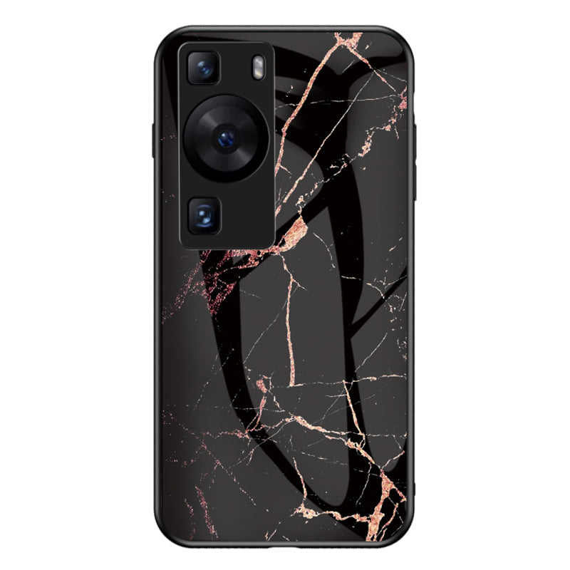 For Huawei P60 / P60 Pro Marble Pattern Phone Cover Tempered Glass+PC+TPU Anti-drop Case