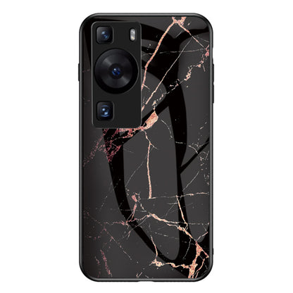 For Huawei P60 / P60 Pro Marble Pattern Phone Cover Tempered Glass+PC+TPU Anti-drop Case