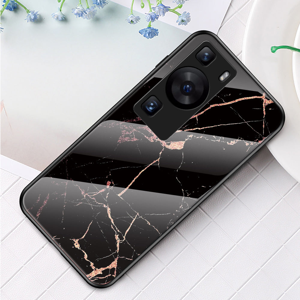 For Huawei P60 / P60 Pro Marble Pattern Phone Cover Tempered Glass+PC+TPU Anti-drop Case