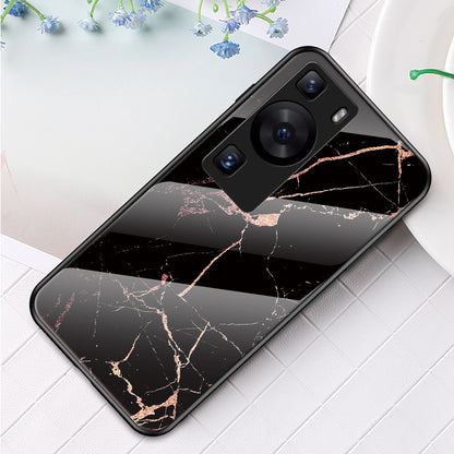 For Huawei P60 / P60 Pro Marble Pattern Phone Cover Tempered Glass+PC+TPU Anti-drop Case
