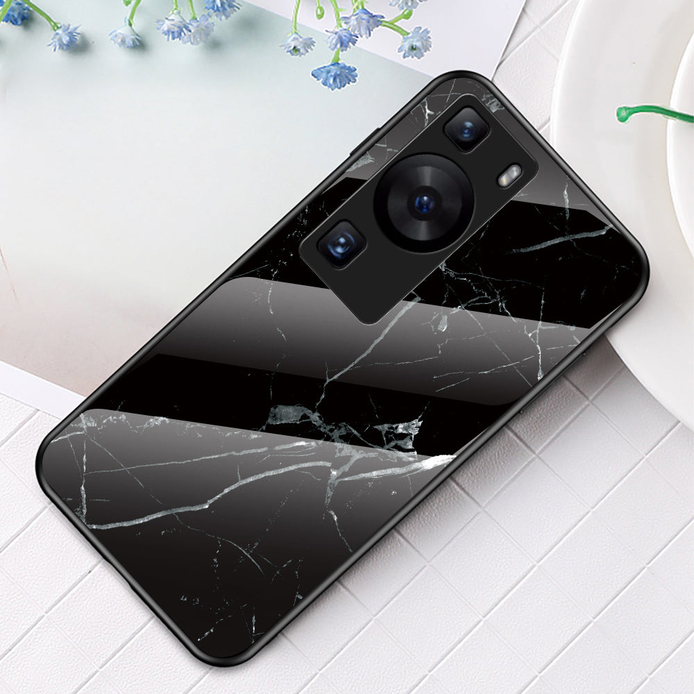 For Huawei P60 / P60 Pro Marble Pattern Phone Cover Tempered Glass+PC+TPU Anti-drop Case