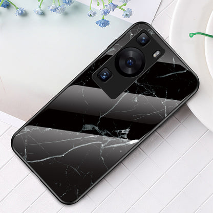 For Huawei P60 / P60 Pro Marble Pattern Phone Cover Tempered Glass+PC+TPU Anti-drop Case