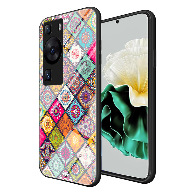 For Huawei P60 / P60 Pro PC+TPU+Tempered Glass Case Flower Pattern Kickstand Phone Cover with Lanyard