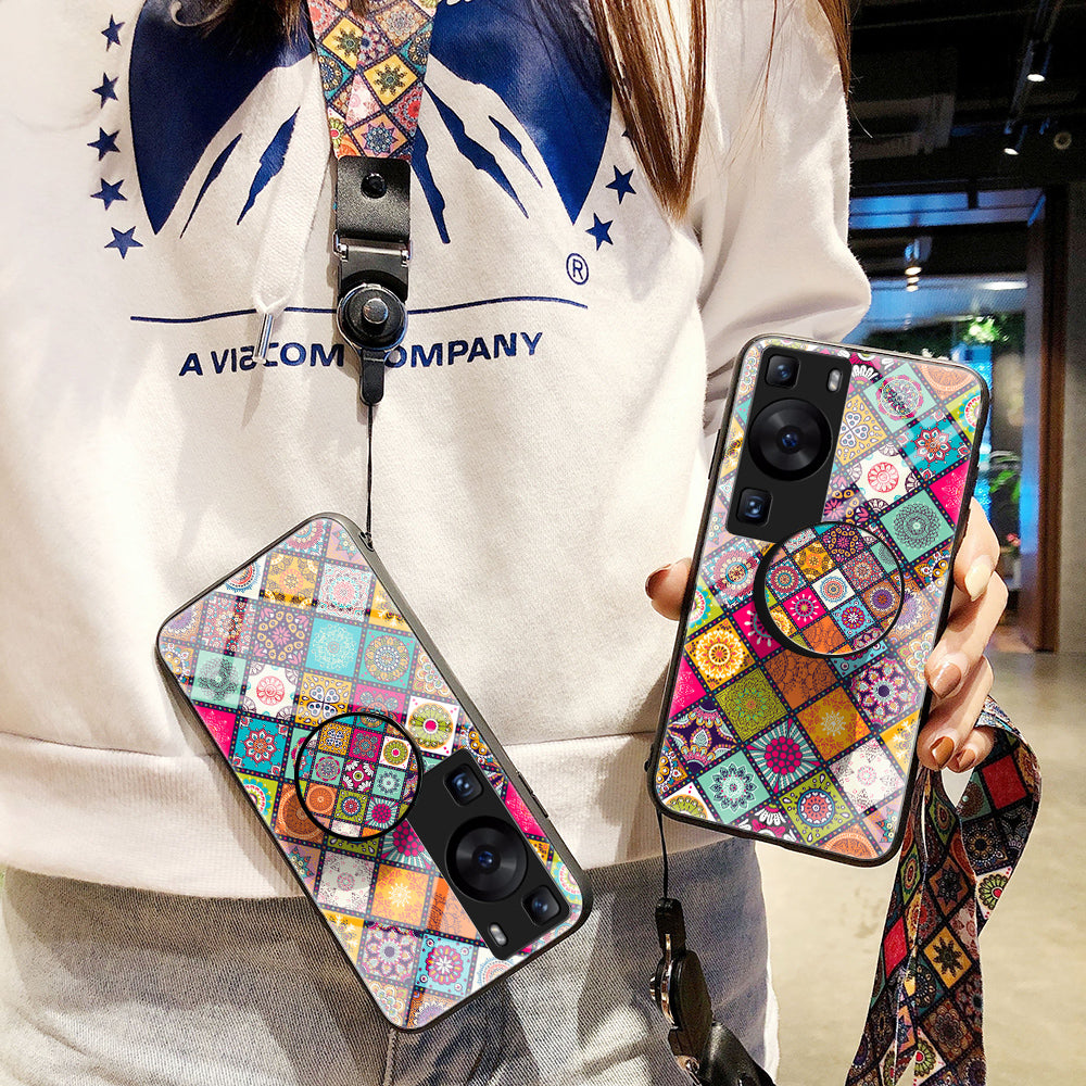 For Huawei P60 / P60 Pro PC+TPU+Tempered Glass Case Flower Pattern Kickstand Phone Cover with Lanyard
