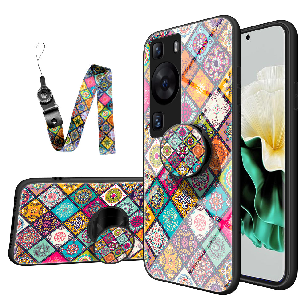 For Huawei P60 / P60 Pro PC+TPU+Tempered Glass Case Flower Pattern Kickstand Phone Cover with Lanyard