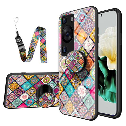 For Huawei P60 / P60 Pro PC+TPU+Tempered Glass Case Flower Pattern Kickstand Phone Cover with Lanyard