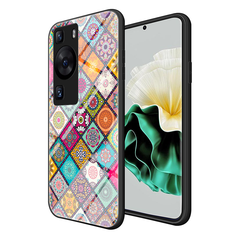 For Huawei P60 / P60 Pro PC+TPU+Tempered Glass Case Flower Pattern Kickstand Phone Cover with Lanyard