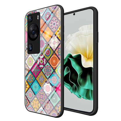 For Huawei P60 / P60 Pro PC+TPU+Tempered Glass Case Flower Pattern Kickstand Phone Cover with Lanyard