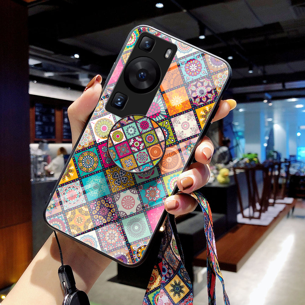 For Huawei P60 / P60 Pro PC+TPU+Tempered Glass Case Flower Pattern Kickstand Phone Cover with Lanyard