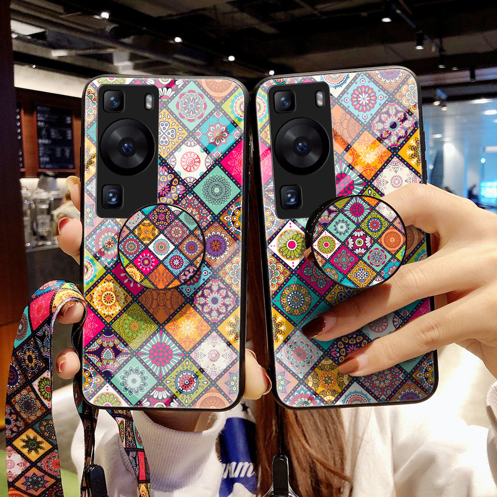 For Huawei P60 / P60 Pro PC+TPU+Tempered Glass Case Flower Pattern Kickstand Phone Cover with Lanyard