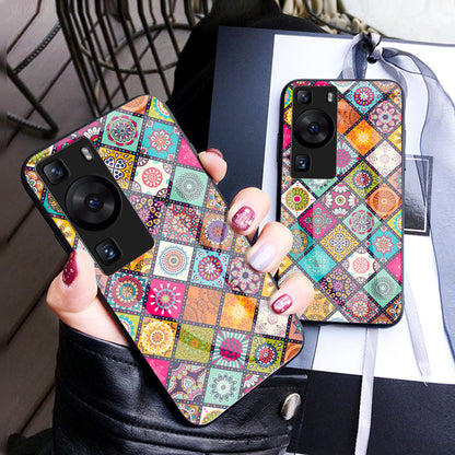 For Huawei P60 / P60 Pro PC+TPU+Tempered Glass Case Flower Pattern Kickstand Phone Cover with Lanyard