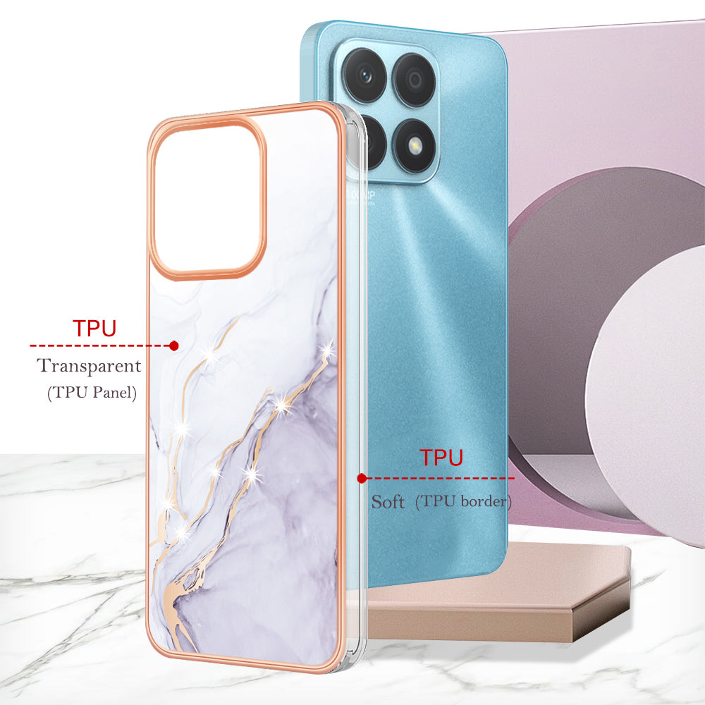 YB IMD Series-2 IMD Marble Pattern Phone Case for Honor X8a 4G , Electroplating Soft TPU Phone Cover