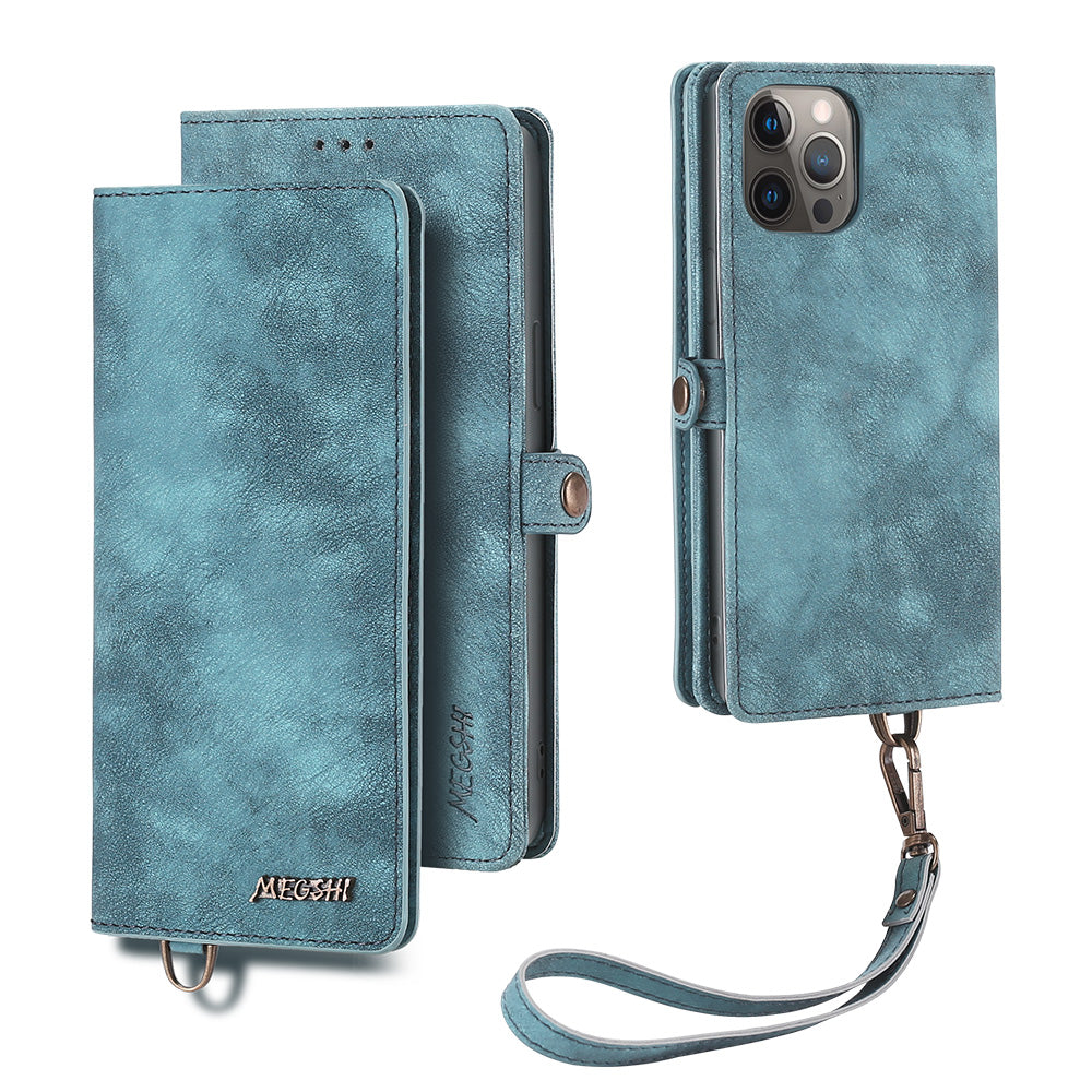 MEGSHI 021 Series For iPhone 14 Pro Magnetic Detachable Wallet PU Leather Protective Shell Folding Stand Phone Case