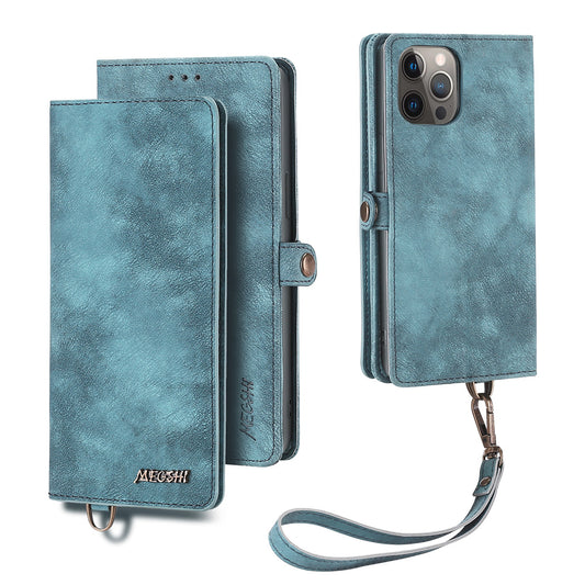 MEGSHI 021 Series For iPhone 14 Pro Magnetic Detachable Wallet PU Leather Protective Shell Folding Stand Phone Case