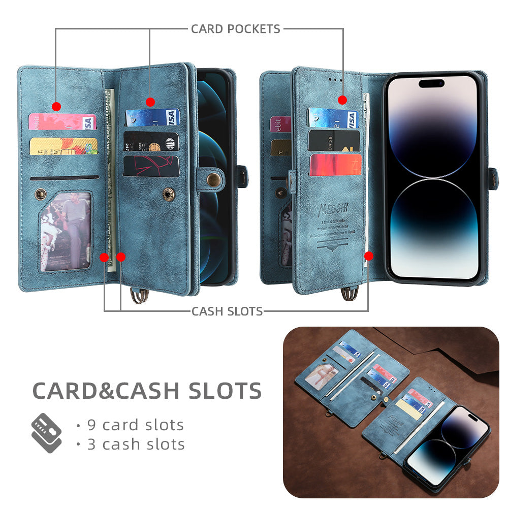 MEGSHI 021 Series For iPhone 14 Pro Magnetic Detachable Wallet PU Leather Protective Shell Folding Stand Phone Case