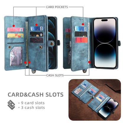 MEGSHI 021 Series For iPhone 14 Pro Magnetic Detachable Wallet PU Leather Protective Shell Folding Stand Phone Case