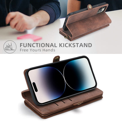 MEGSHI 021 Series For iPhone 14 Pro Magnetic Detachable Wallet PU Leather Protective Shell Folding Stand Phone Case