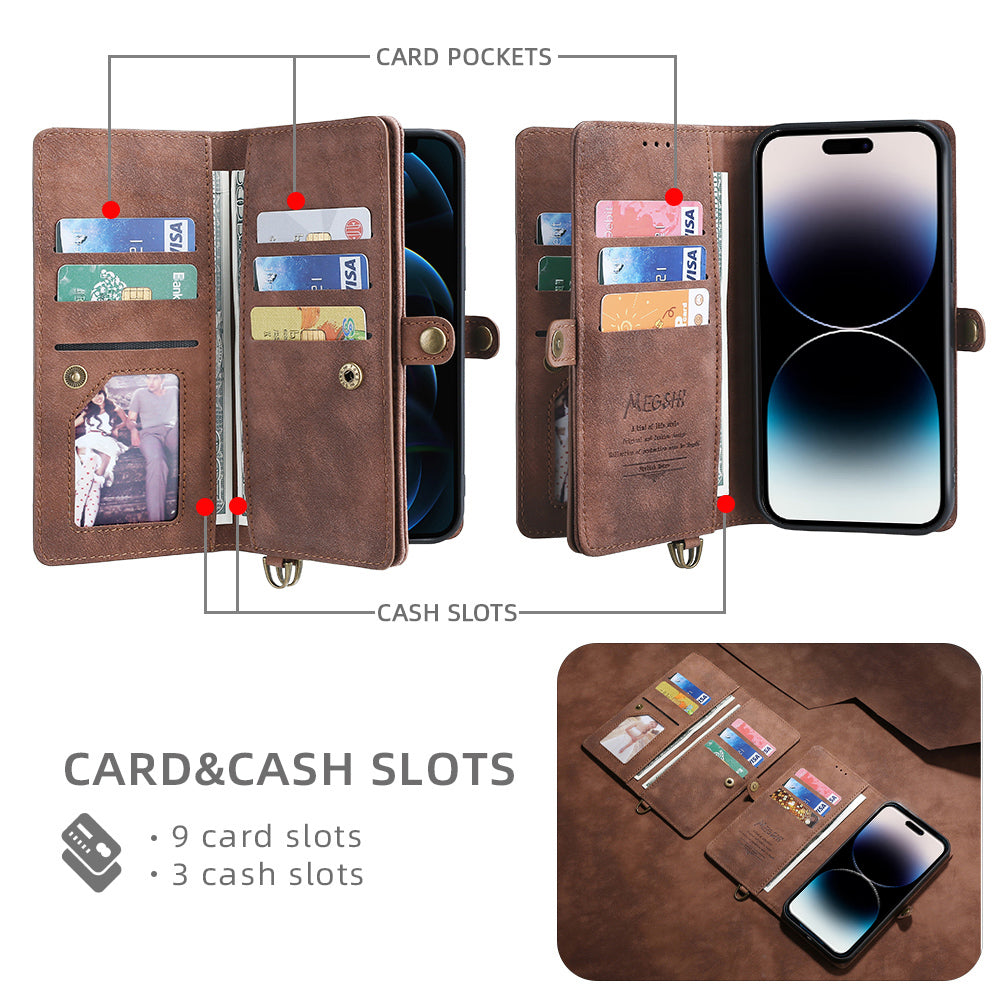 MEGSHI 021 Series For iPhone 14 Pro Magnetic Detachable Wallet PU Leather Protective Shell Folding Stand Phone Case