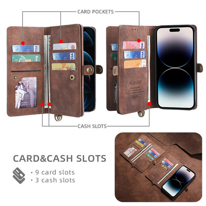 MEGSHI 021 Series For iPhone 14 Pro Magnetic Detachable Wallet PU Leather Protective Shell Folding Stand Phone Case