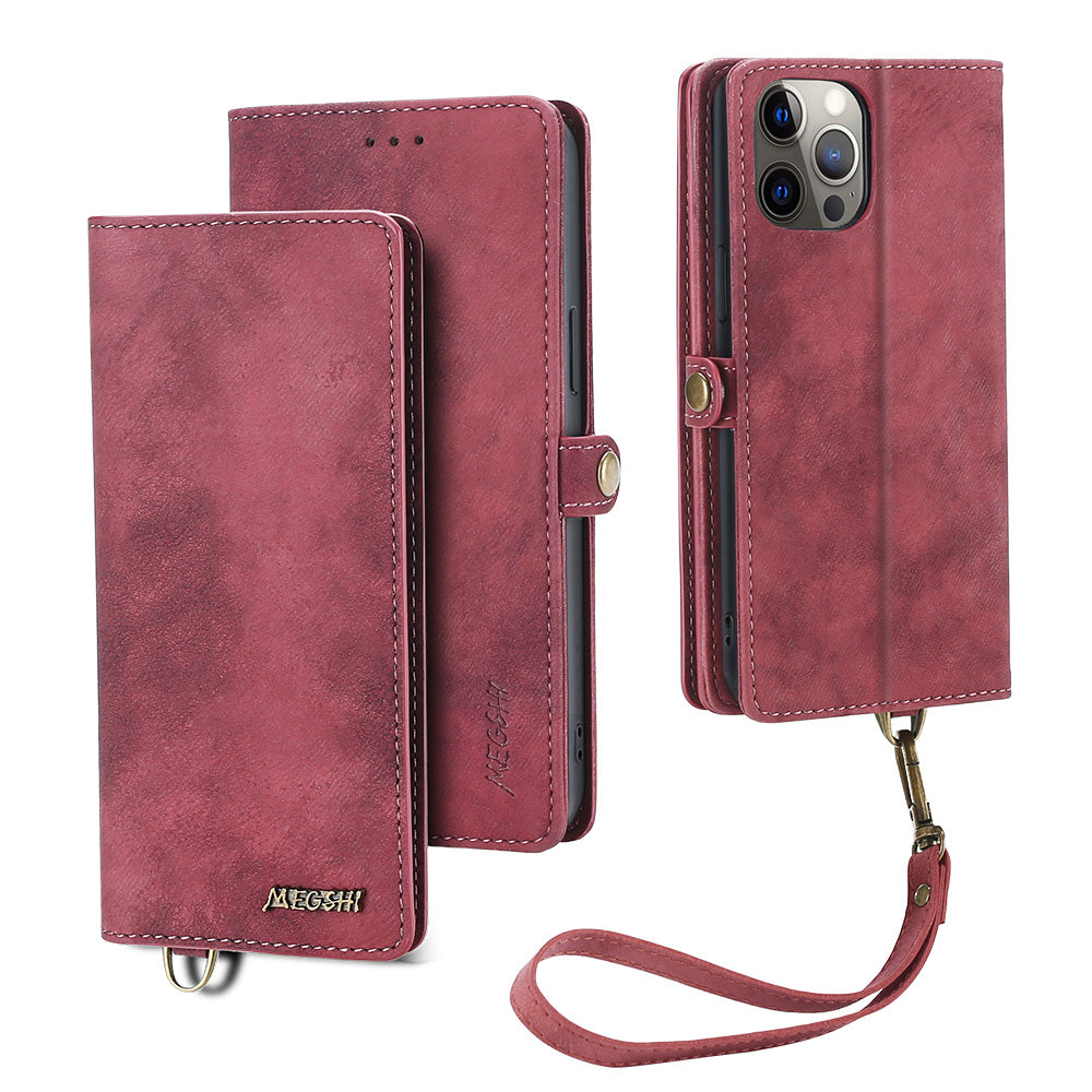 MEGSHI 021 Series For iPhone 14 Pro Magnetic Detachable Wallet PU Leather Protective Shell Folding Stand Phone Case