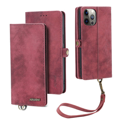MEGSHI 021 Series For iPhone 14 Pro Magnetic Detachable Wallet PU Leather Protective Shell Folding Stand Phone Case