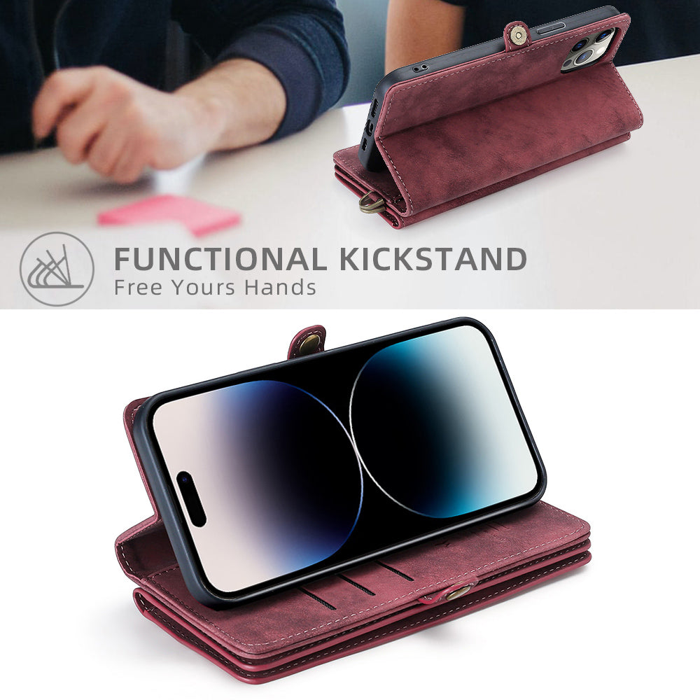 MEGSHI 021 Series For iPhone 14 Pro Magnetic Detachable Wallet PU Leather Protective Shell Folding Stand Phone Case