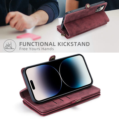 MEGSHI 021 Series For iPhone 14 Pro Magnetic Detachable Wallet PU Leather Protective Shell Folding Stand Phone Case